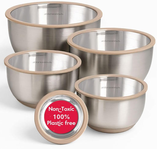 Ziruma Non-Toxic Mixing Bowls with Lids Set, Stainless Steel & Glass, 5 Pcs Plastic Free Bowls with Silicone Non-Slip Base, Dishwasher Safe Mixing Bowl Set