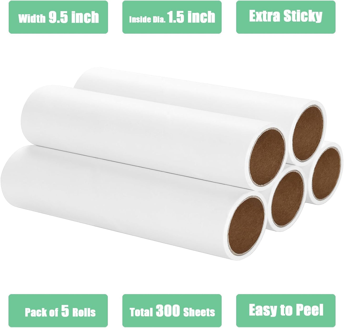 9.5 inch Lint Roller Refills Only, Fit for 9.4/9.45/9.5 inch Large Lint Rollers for Floor Carpet Couch, Extra Sticky Pet Hair Lint Roller Refill 5 Pack, Total 300 Sheets (9.5'' Wide)