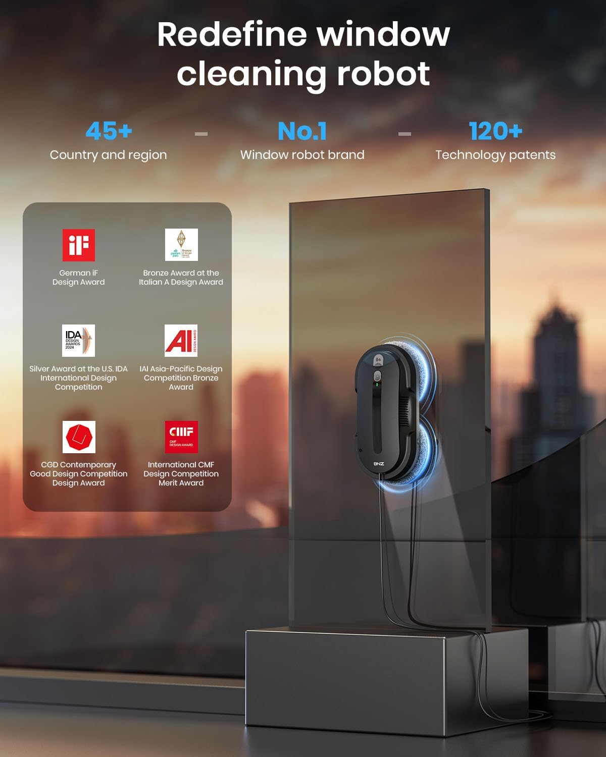 BNZ Smart Window Cleaning Robot, Twin Turbo & Dual Auto-Spray Window Cleaner with Multiple Safety System, AI Path Planning, Frameless Edge Detection, K1 (Matt Black)