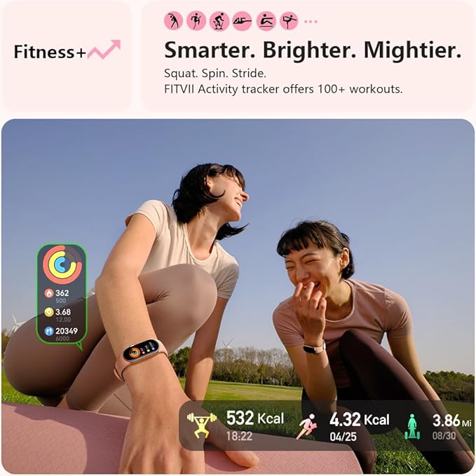 FITVII Ole Fitness Tracker, 1.6'' AMOLED Fitness Watch with 24/7 Heart Rate and Blood Pressure Monitor, Blood Oxygen Sleep Tracking Step Calories Counter IP68 Waterproof Activity Tracker for Women Men