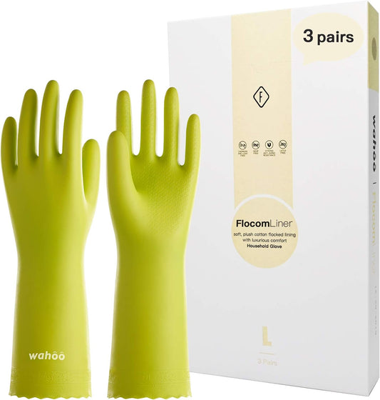 LANON 3 Pairs wahoo Skin-Friendly Cleaning Gloves, Dishwashing Kitchen Gloves with Cotton Flocked Liner, Reusable, Non-Slip, Bud Tender, Medium