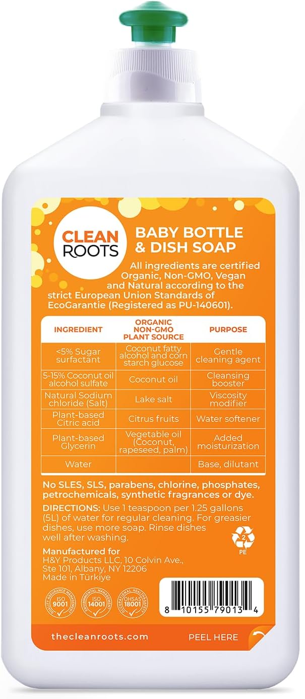 Baby Bottle & Dish Soap – EcoGarantie Certified, 100% Plant-Based Formula, Made with Organic Ingredients, Scent-Free & Hypoallergenic – 16.9 fl oz (500 mL), Pack of 3