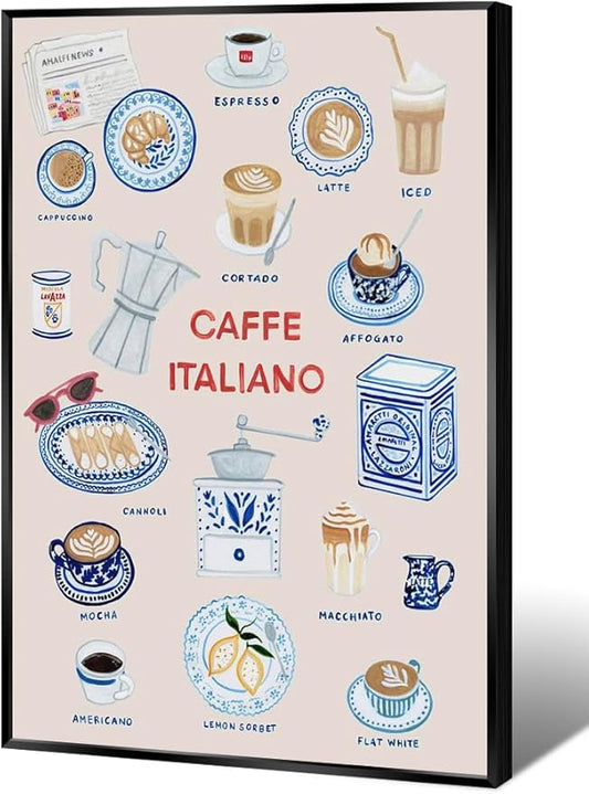 Trendy Espresso Coffee Italiano Wall Art Quirky Food Posters Italian Coffee Chart Canvas Print Painting Minimalism Home Decor Pictures for Kitchen Cafe Station Bar Club 12x16inch Metal Black Frame