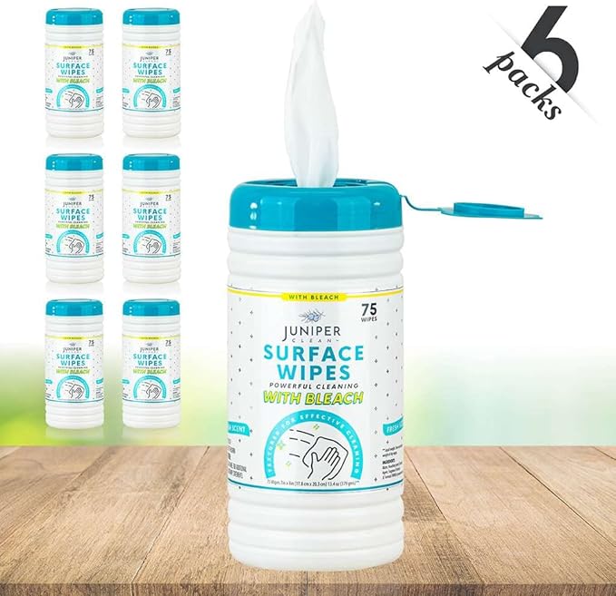 6 Pack Surface Cleaning Wipes with Bleach, All-Purpose Cleaner for Bathroom, Kitchen, Office, 450 Count Canister, Fresh Scent, 7.5" x 7" Sheet, Lint Free & Durable