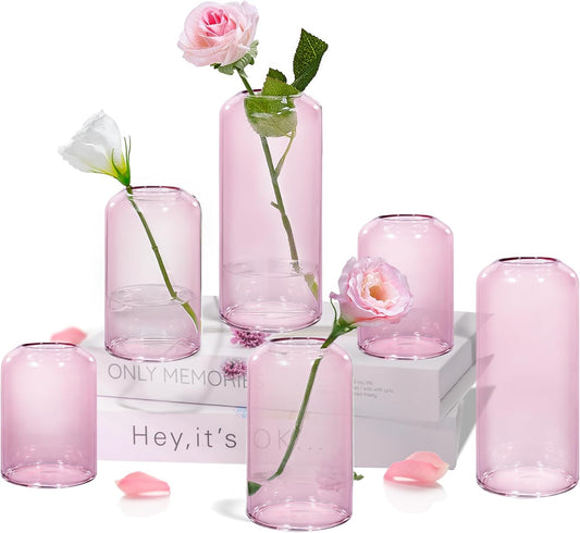 ZENS Bud Vases Set of 6, Pink Clear Small Glass Vase for Flowers. Modern Hand Blown Cylinder Glass Vase for Wedding Reception Centerpieces Living Room Decorative.