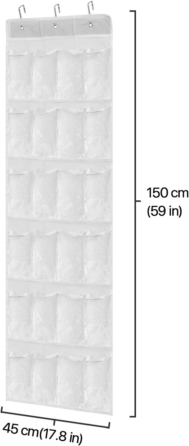 Flexzion Hanging Shoe Organizer, Over The Door Closet Shoes Storage Hanger, Footwear Holder, 24 Clear Plastic Pockets w/ 3 Steel Hooks for Cloth Cleaning Supplies House Stationery Accessories, White
