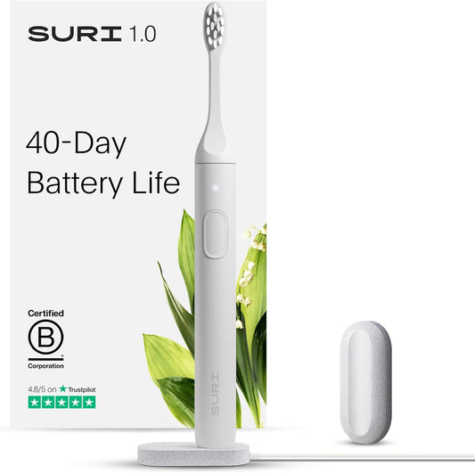 SURI 1.0 Sonic Electric Toothbrush |1 Month+ Battery | Designed in California | Electric Toothbrush for Adults | Travel Toothbrushes | Tooth Brush | White