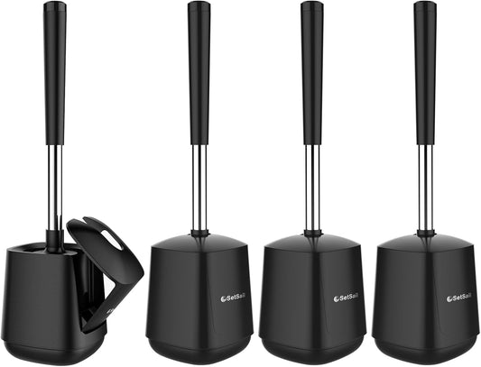 SetSail Toilet Brush and Holder 4 Pack, Self Closing Lid Toilet Bowl Brushes Holder Extra Long Handle Ventilated Toilet Brush Set for Bathroom Cleaning, Nylon Bristles, Black