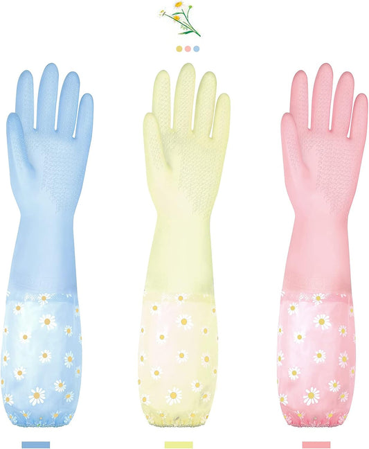 KAQ Dishwashing Cleaning Gloves 3 Pairs-Reusable Rubber Gloves Non-Slip Laundry Kitchen Gardening Household Gloves(Long Cuff)