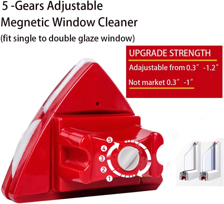 Fcare Outside Magnetic Window Cleaner, Double-Sided Brush Glass Wiper Cleaning Tools, Adjustable Magnetic Glider for High-Rise Double Glazed Thick Windows Thickness 0.3"-1.2" (red)