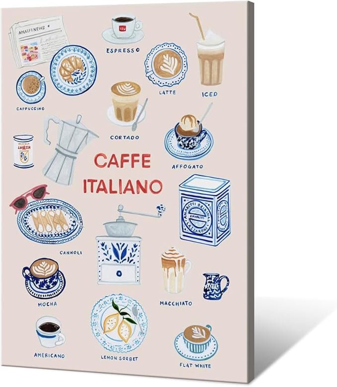Trendy Espresso Coffee Italiano Wall Art Quirky Food Posters Italian Coffee Chart Canvas Print Painting Minimalism Home Decor Aesthetics Pictures for Kitchen Cafe Station Bar Club 16x24inch Framed