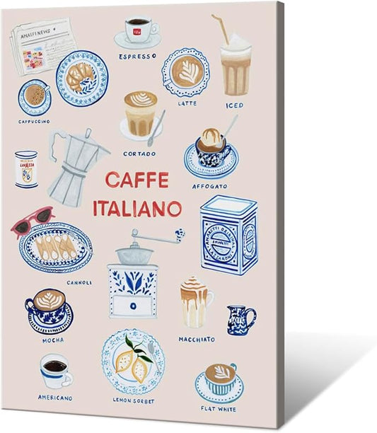 Trendy Espresso Coffee Italiano Wall Art Quirky Food Posters Italian Coffee Chart Canvas Print Painting Minimalism Home Decor Aesthetics Pictures for Kitchen Cafe Station Bar Club 24x36inch Framed