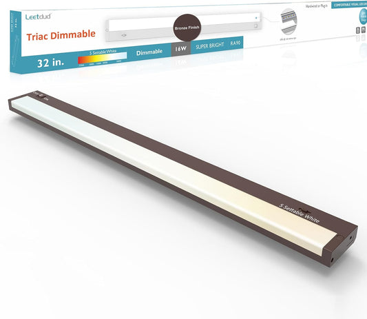 LED Under Cabinet Lighting Hardwired or Plug in, 32 Inch 16W, Dimmable 5 Color 2700K/3000K/3500K/4000K/5000K, Linkable Eyes Care Design Counter Lights for Kitchen, Sink, ETL Listed, Bronze