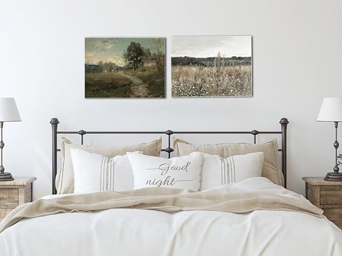 Vintage Landscape Canvas Wall Art Posters Set of 3 - Meadow with Flowers Painting Prints,Rustic Farmhouse Home Decor,Pastoral Outdoor Views Picture for Living Room Bedroom Bathroom 12x16in Unframed