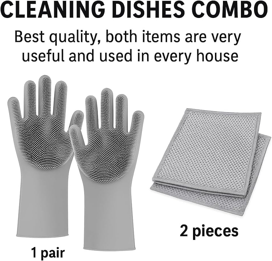 Silicone Gloves with Built-in Scrubbing Bristles +2 Wire Mesh Dishwashing Scrubber Cloths Reusable Cleaning Gloves & Kitchen (Blue)