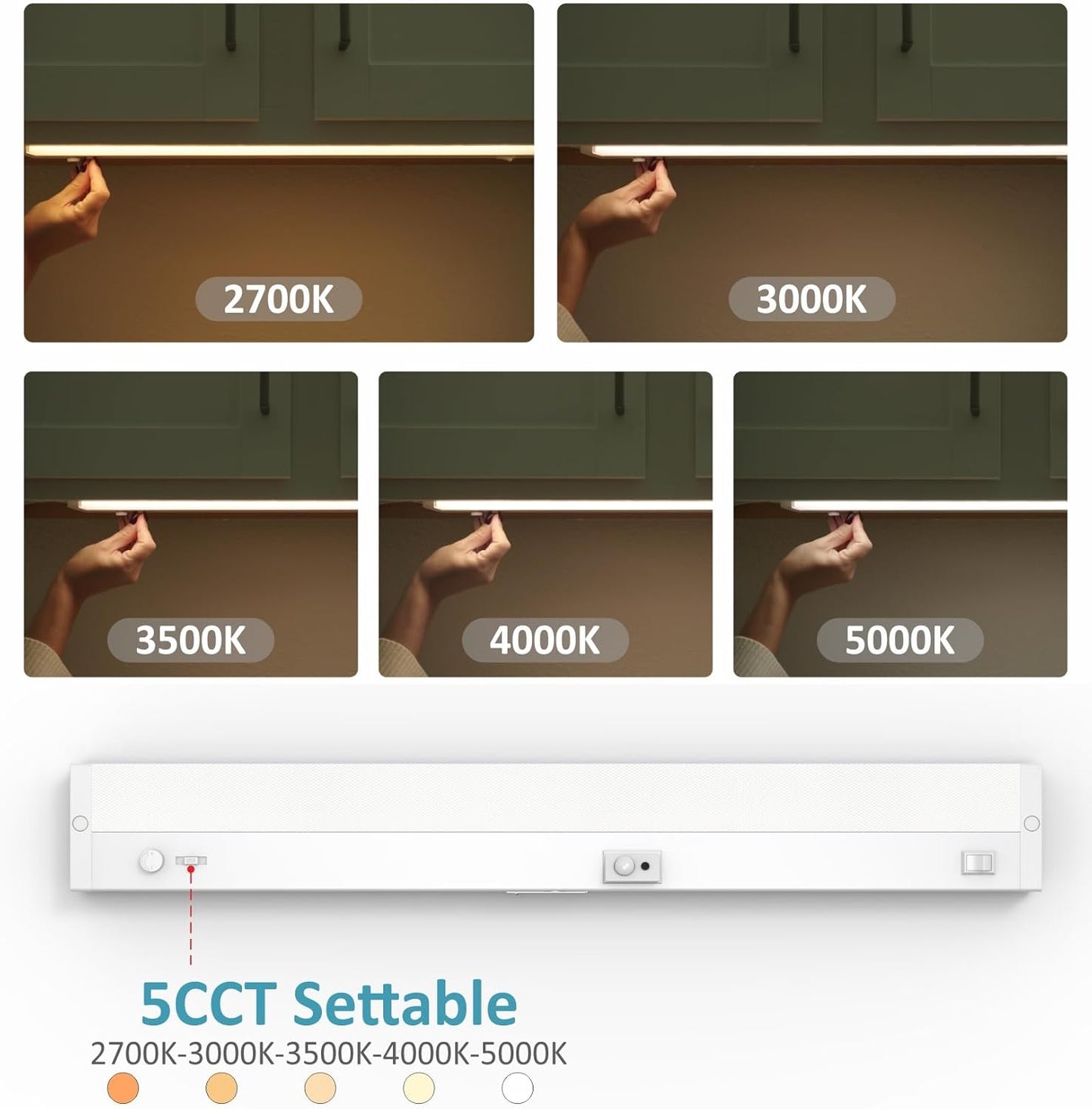 LED Under Cabinet Lighting Motion Sensored Hardwired with Built-in Dimmer, 24 Inch 12W Dimmable 5 Color 2700/3000/3500/4000/5000K, Linkable Eyes Care for Kitchen, Counter, ETL Listed, White