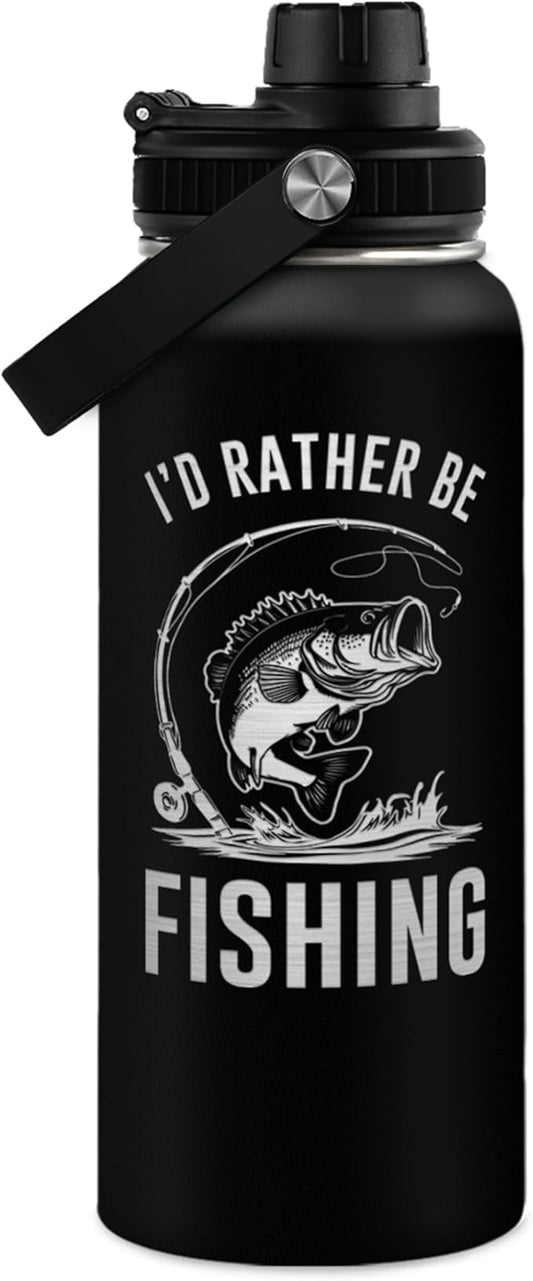 Fishing Insulated Engraved Stainless Steel Water Bottle 32oz, Vacuum Chug Lid Travel Tumbler for Men Friends Dad Grandpa Fisherman, I'd Rather Be Fishing, Gift for Birthday Christmas Father's Day