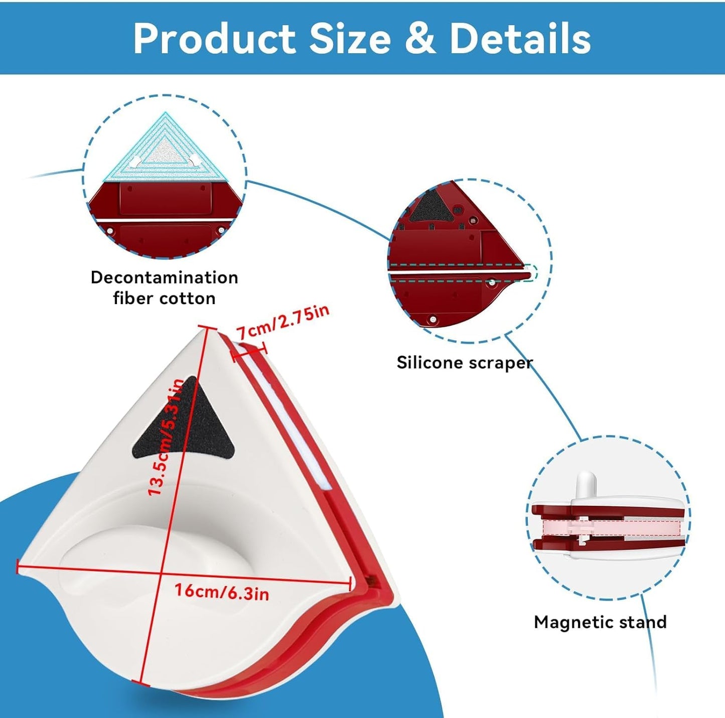 Double Sided Window Cleaner with ABS Plastic Shell Rubber Magnetic Glass Wiper Adjustable Magnetic Washing Brush Equipment for Home High Rise Window(Blue)（No Washer Fluid）