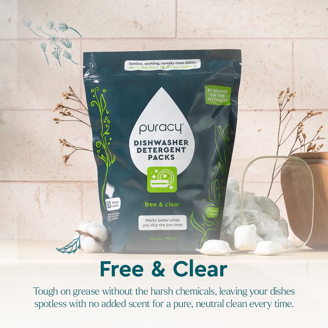 Puracy Dishwasher Pods, Natural Dishwasher Detergent, Free & Clear Dish tabs - Enzyme-Powered, Spot & Residue Free - TikTok Trend Items, Must Haves from TikTok Made Me Buy It (Free & Clear, 50 Count)