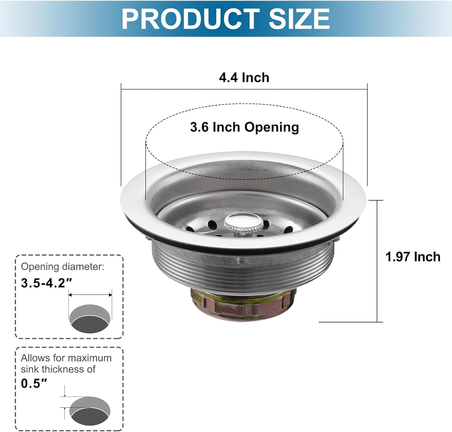 ZM Kitchen Sink Stainless Steel Basket Strainer with Drain Assembly, 3-1/2 Inch Sink Drain Stopper Plug