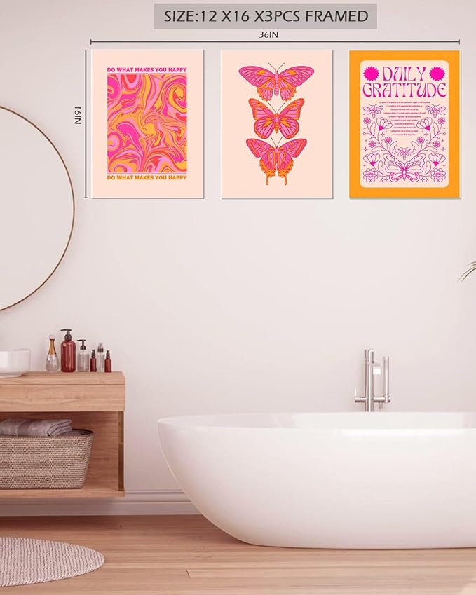 Hwetui Butterfly Wall Art Poster Set of 3 - Pink Orange Preppy Wall Decor Pictures, Daily Gratitude Paintings Prints Aesthetic Home Decor for Girls Bedroom Dorm Apartment 12x16 inch Unframed