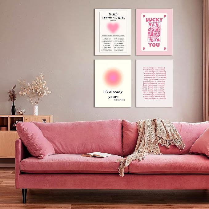 Hwetui Framed Preppy Pink Aura Wall Art Daily Affirmations posters Trendy Y2K Canvas Prints Cute Lucky You Painting Retro Aesthetic Room Decor Picture for College Dorm Bedroom 12x16Inch Set of 4