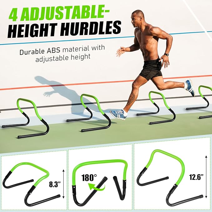 Soccer Agility Speed Training Equipment, Football Practise Set with 20 ft Agility Ladder, 12 Cones, 4 Adjustable Hurdles, Jump Rope, Parachute, for Basketball, Football, Kids, Youth, Adults