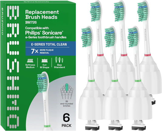 Brushmo e-Series Total Clean Replacement Toothbrush Heads, Compatible with Philips Sonicare Screw-on Electric Toothbrush Handles, 6 Standard Heads, Medium Firm Dupont Bristles, BM726, White