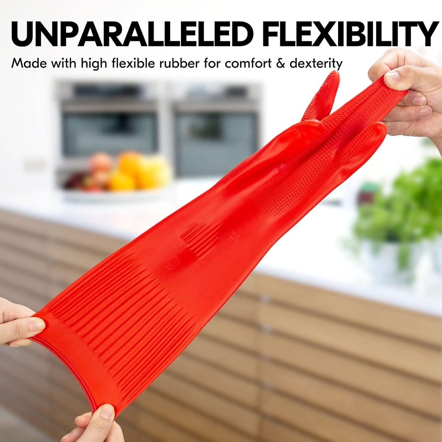 Vgo... 1-Pair Dishwashing Gloves, Reusable Household Gloves, Kitchen Gloves, Long Sleeve, Thick Latex, Cleaning, Washing, Working, Painting, Gardening, Pet Care (Size S,Red, RB2143)