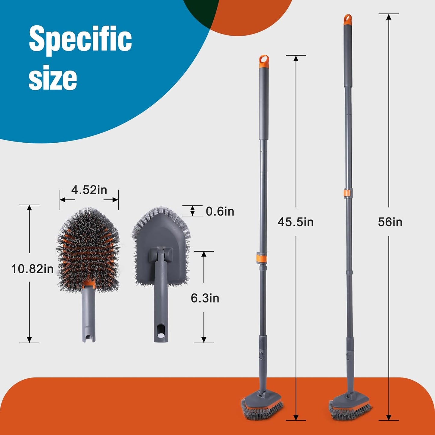 Tub Tile Scrubber Brush with 3 Different Function Cleaning Pads and 56" Extendable Long Handle-No Scratch for Cleaning Bathroom Kitchen Toilet Wall Sink,Orange
