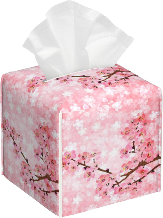 Pink Cherry Tissue Box Holder,Spring Blossom Square Leather Tissue Box Cover with Bottom Belt,Waterproof Modern Napkin Holder Organizer for Car Bathroom Vanity Office Tabletop,5.2" x 5.2" x 5.2"