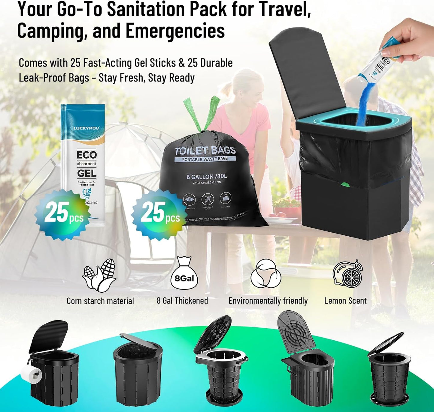 25 Portable Toilet Bags with 25 Poo Gels, 8 Gallon Leak-Proof Camping Toilet Waste Bags – Absorbent Gel Value Pack for Portable Potty, RV, Hiking, Travel, Outdoor Use