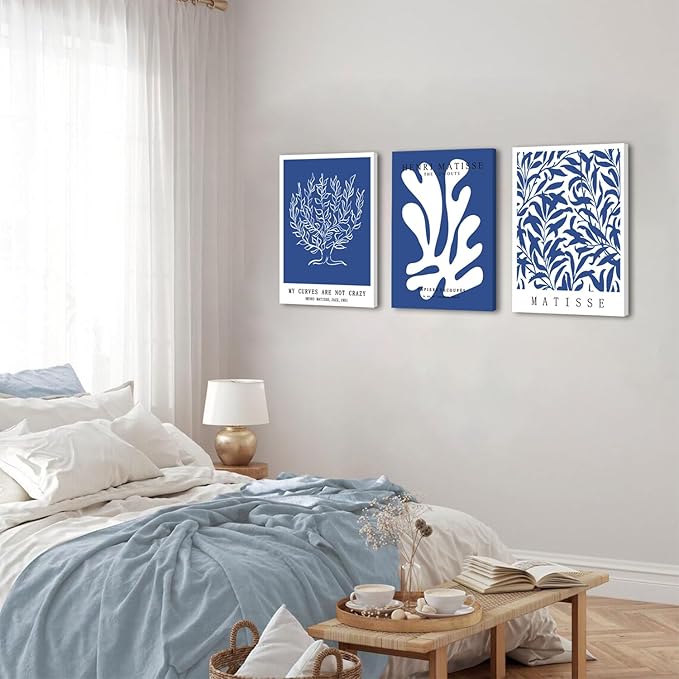 Framed Henri Matisse Canvas Wall Art Set of 3 - Abstract Blue and White Botanical Line Wall Decor Paintings, Modern Minimalist Poster Prints Aesthetic Home Decor for Living Room Bedroom Office 12x16 inch