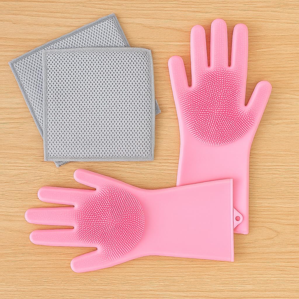 Silicone Gloves with Built-in Scrubbing Bristles +2 Wire Mesh Dishwashing Scrubber Cloths Reusable Cleaning Gloves & Kitchen (Grey)