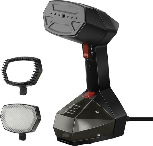 Sunbeam Professional 1575W Handheld Steamer for Clothes, Variable Temperature Control, 25-Second Fast Heat-Up, Bristle Brush, Delicate Fabric Attachment, Black and Red Finish