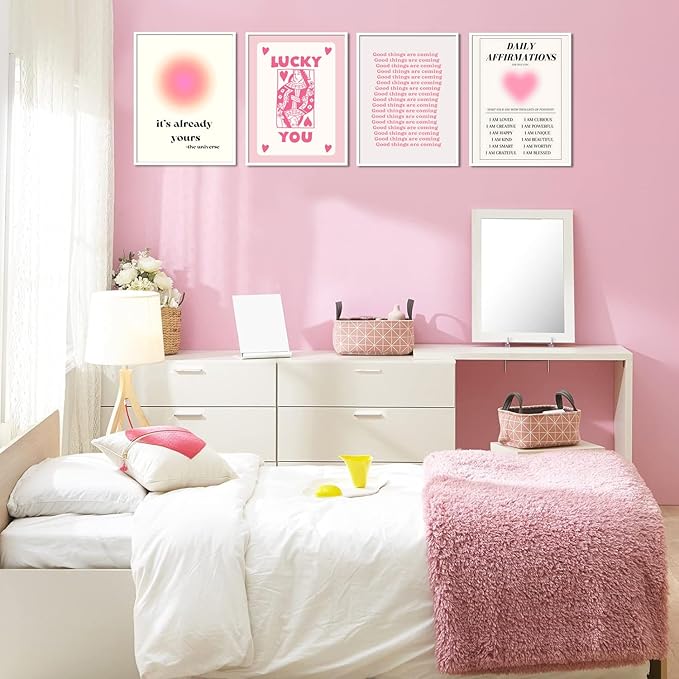 Hwetui Preppy Pink Aura posters Daily Affirmations Wall Art Trendy Y2K Canvas Prints Cute Lucky You Painting Retro Aesthetic Room Decor Picture for College Dorm Bedroom 12x16Inch Set of 4 Unframed