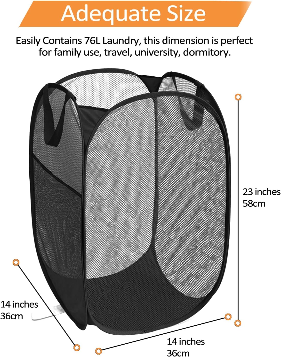 2 Pack Durable Collapsible Laundry Baskets - Reinforced Mesh Pop Up Laundry Hamper with Pocket, Foldable Dirty Clothes Hamper with Carry Handles for Laundry, Bathroom, Kids Room, Dorm or Travel Black