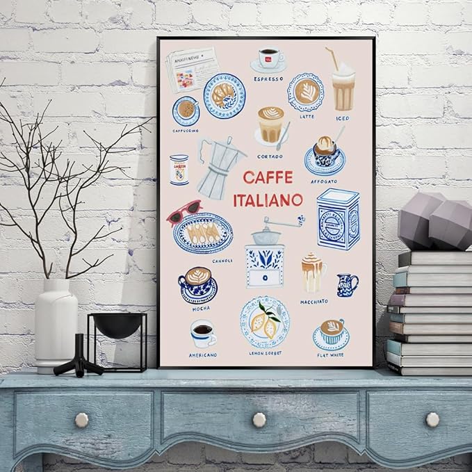 Trendy Espresso Coffee Italiano Wall Art Quirky Food Posters Italian Coffee Chart Canvas Print Painting Minimalism Home Decor Pictures for Kitchen Cafe Station Bar Club 24x36inch Metal Black Frame