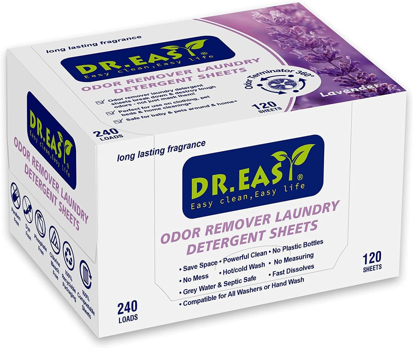 DR.EASY Odor Remover Laundry Detergent Sheets 240 loads Lavender,Easy To Carry Great For Travel,safe for baby & pets,No mess No Dyes biodegradable formula