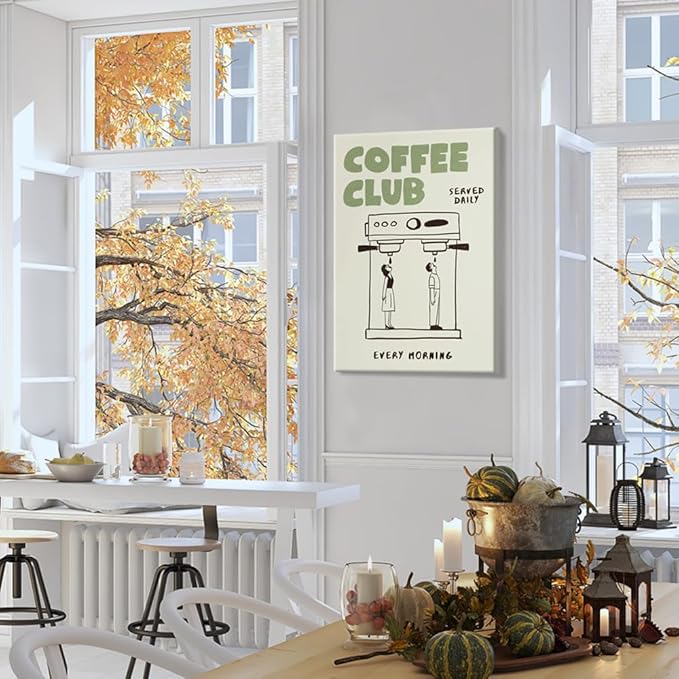 Funny Coffee Club Canvas Print Poster Served Daily Every Morning Sign Wall Art Minimalist Kitchen Whimsical Painting Home Decor Aesthetic Pictures for Living Room Cafe Bar 16x24inch Framed