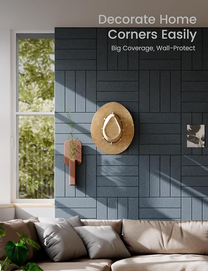 Felt Bulletin Board Tiles Large 48" x 36" Cork Board Alternative-12 Pack with 70 Adhesive Tabs, Thick Slat Wall Panels for Office Decor, Push Pin Board Wall Organizer -Deep Charcoal Blue