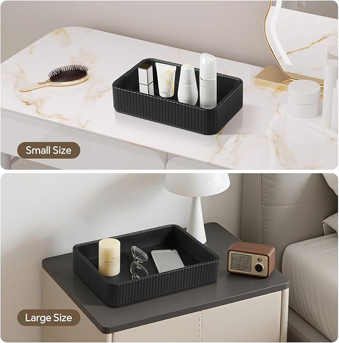 2 Pack Nightstand Organizer Tray, Decorative Perfume Valet Tray Trinket Dish Catch All Purse Key Bowl, PU Leather Coffee Table Trays for Vanity Dresser Bedside Bathroom Countertop (Black)