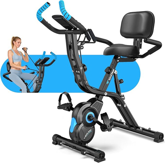 Foldable Exercise Bike, Multifunctional Indoor Stationary Bikes for Home with 8-Level Magnetic Resistance, Quiet Workout Bike with Arm Resistance Bands, LCD Monitor, 300LBS Capacity
