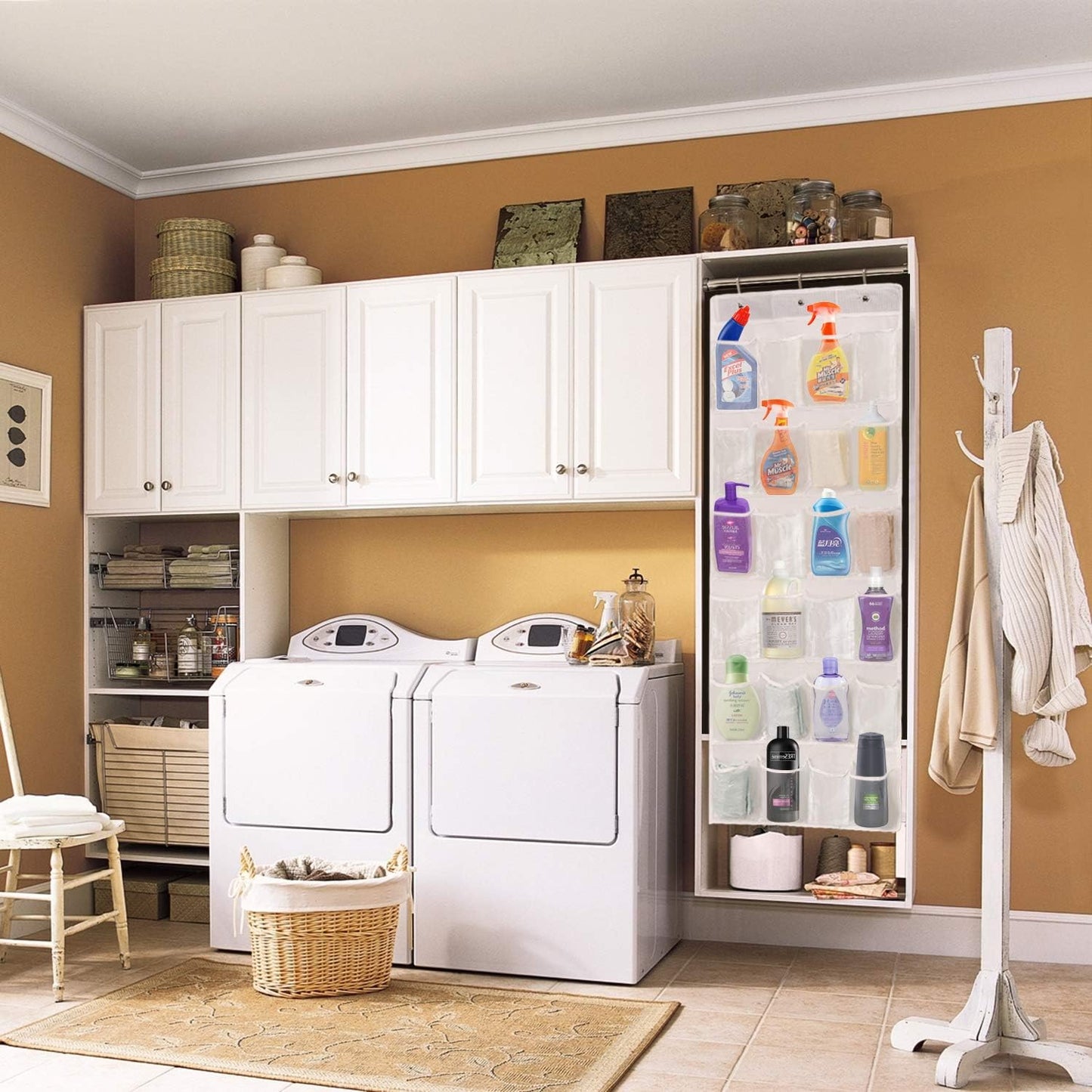 Flexzion Hanging Shoe Organizer, Over The Door Closet Shoes Storage Hanger, Footwear Holder, 24 Clear Plastic Pockets w/ 3 Steel Hooks for Cloth Cleaning Supplies House Stationery Accessories, White