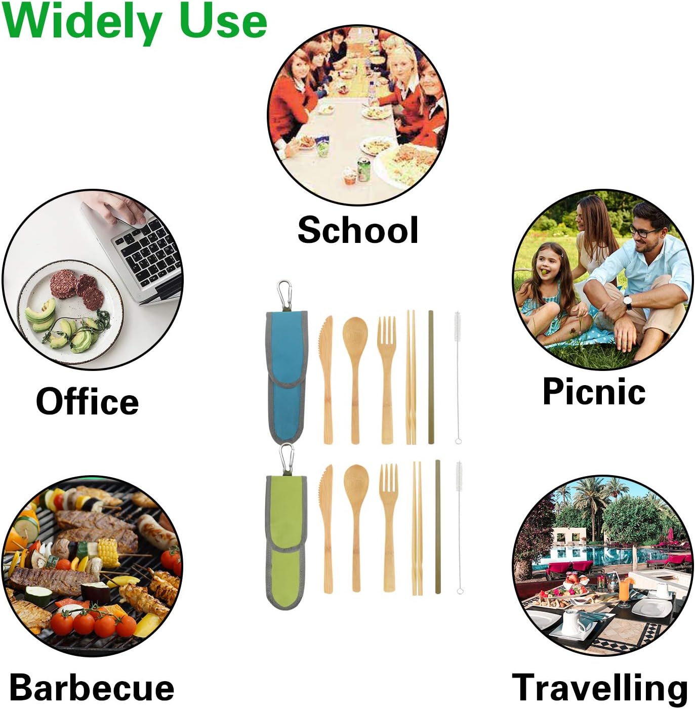 UPTRUST 2 Set Bamboo Cutlery Set Bamboo Travel Utensil Reusable Table cutlery Fork Knife Spoon Chopsticks Straw Cleaning Brush for Travel Picnic School Office（Skyblue& Green）