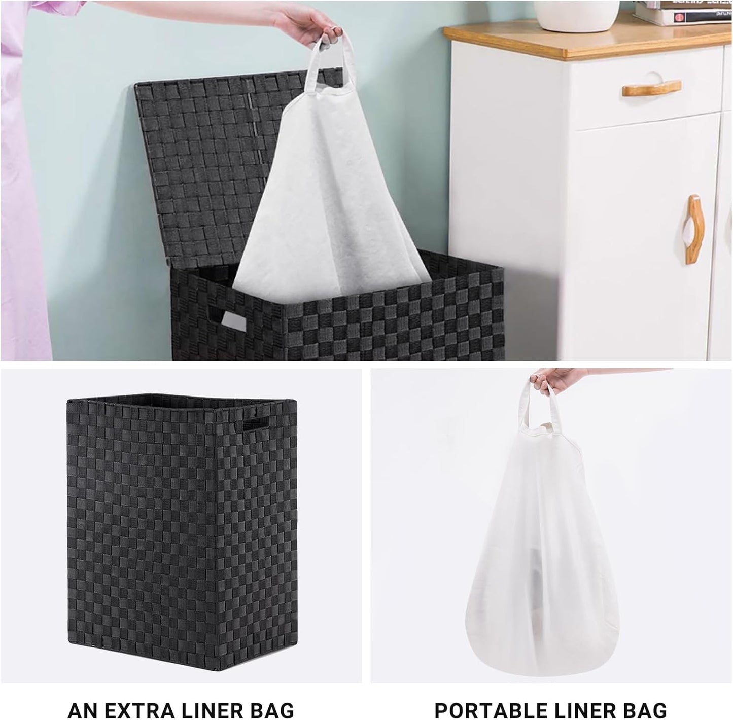 YOUDENOVA Handwoven Laundry Basket Hamper with Removable Liner Bag and Lid, Collapsible Clothes Hamper with Handle, Black