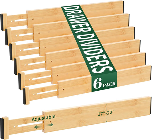 6 Pack Bamboo Drawer Dividers 2.6" High,17-22" Adjustable Spring Loaded Clothes Drawer Organizers for Kitchen, Dresser, Bathroom, Bedroom and Office