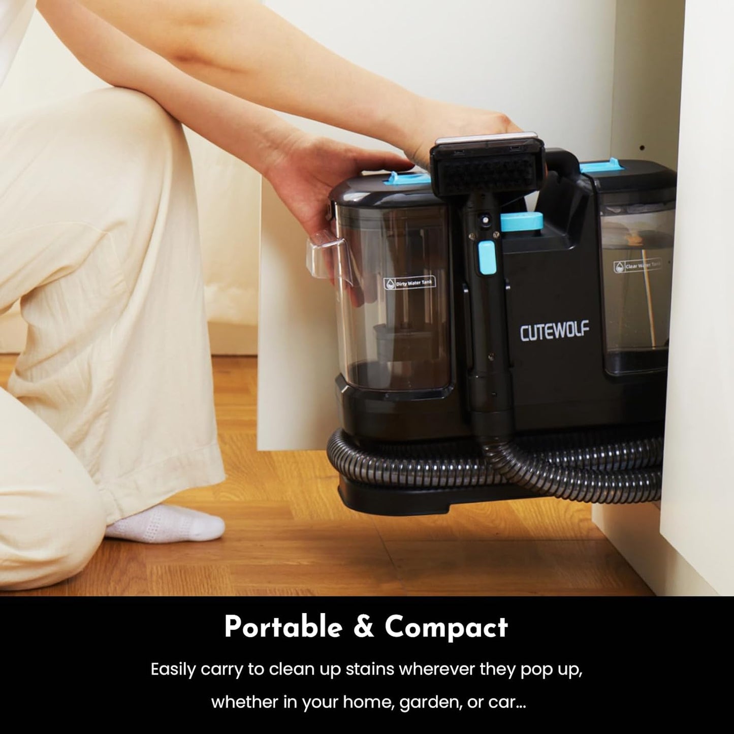 Cutewolf Portable Carpet & Upholstery Cleaner Machine, Handheld Spot Remover, 16Kpa Strong Suction Multi-purpose Deep Cleaner for Couch, Car, Stairs, Rugs, Pet Stains