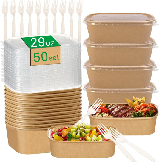 50-Pack 29oz Disposable Kraft Paper Bowls 【with Lids and Forks】Rectangle Cardboard Meal PrepContainers,Paper Leakproof Food Containers,Soup Serving Bowl for Hot/Cold Food-Microwave Safe (29oz 50Count)