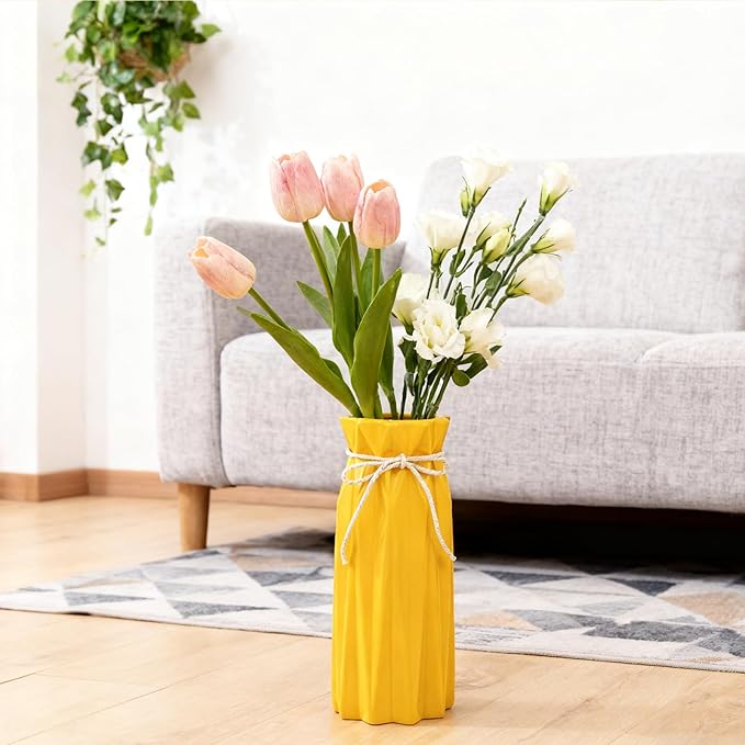 Ceramic Vase for Home Decor Yellow Modern Flower Vase for Pampas Grass Dried Flowers 9.5" H x 3.9" W Vases for Living Room Decorations Porcelain Tulip Vases for Table Kitchen Decor